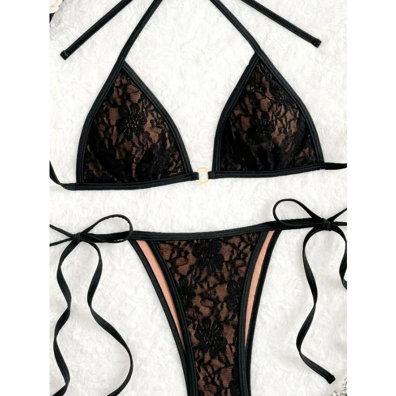 Preto renda string biquinis feminino maiô feminino banho de duas peças conjunto de biquíni cintura alta banhista natação senhora