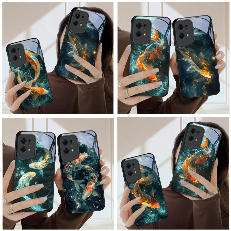 Coque de téléphone en verre noir avec deux poissons jouant dans l'eau pour Oppo Find X5 Pro/X5 X3 X2 Lite/X8 Pro/X7 Ultra/X3 Neo/X8 Pro/F23/F11/F25Pro