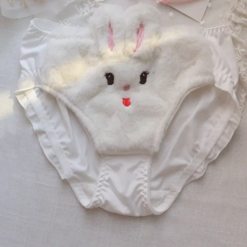 Women Cute Plush Rabbit Bikini Panties Cartoon Animal Embroidery Soft Sweet Mid Waist Girl Underwear Lolita Style Briefs