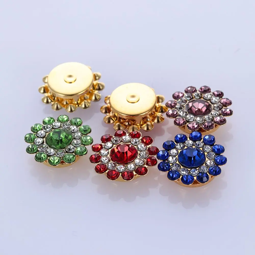 10PCS 14mm Flower-shaped Rhinestone Buttons Sparkling Crystal Glass Stone Steel Bottom Clothes Decoration Sewing Accessories