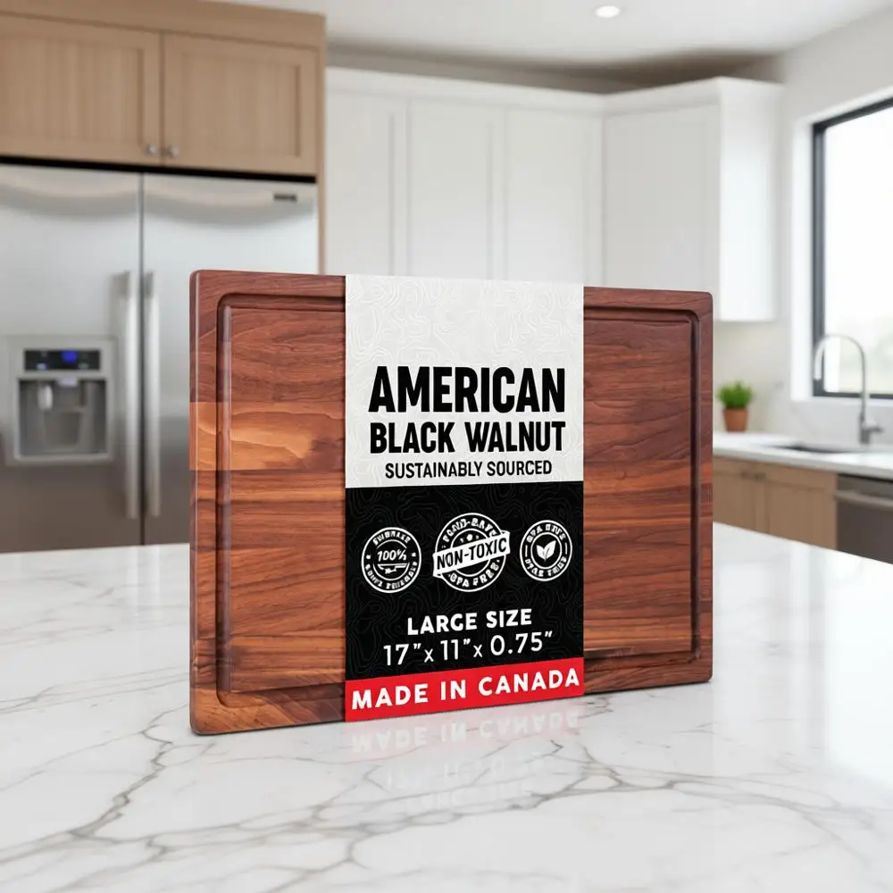 

Двусторонняя разделочная доска из орехового дерева с желобком для сока, 17x11x0.75 дюймов, сделано в Канаде