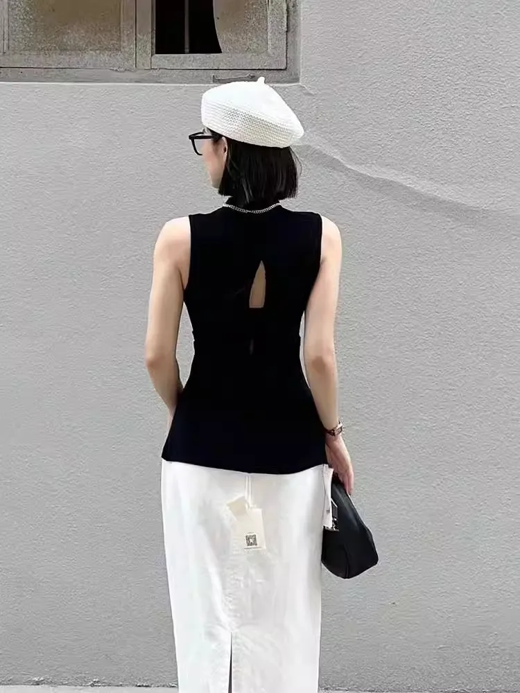 Black High Collar Slit T-Shirt Women's Summer Design Back Hollow out Sleeveless Tank Top Vest Loose Fit Pure Color Commute Style