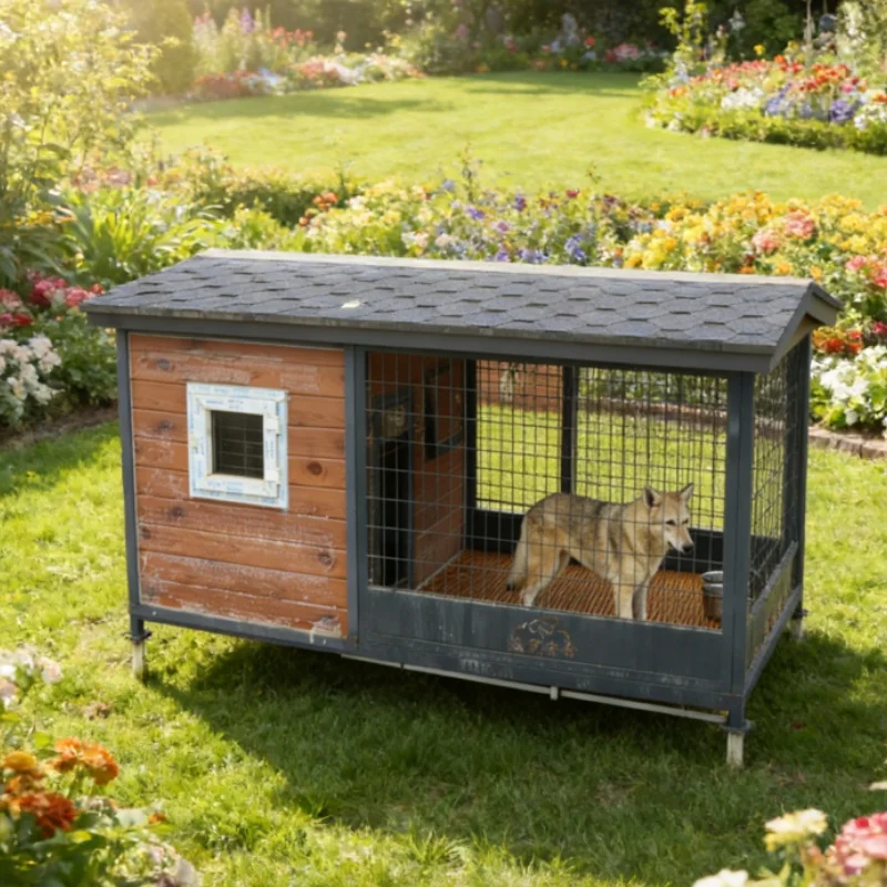 Collapsible Waterproof Pet Villa with Rotating Feeding Bowl and Pull-Out Toilet Easy Clean Wood & Stainless Steel All Seasons