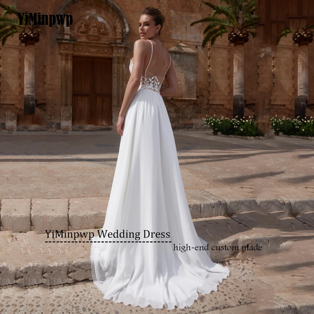 بوهو فساتين الزفاف الدانتيل الشاطئ الخامس الرقبة فساتين الزفاف السباغيتي الأشرطة ألف خط زين فستان الزفاف 2025 سويب تراين مخصص