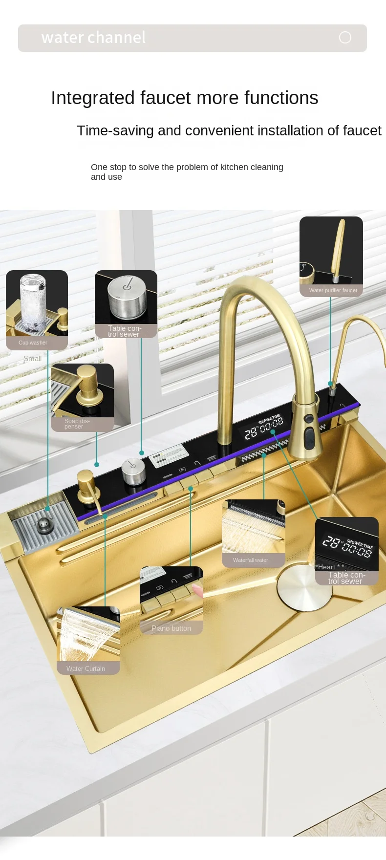 304 Stainless Steel Large Single Slot Multifunction Sink Anti-Scratch LED Digital Display Waterfall Kitchen Sink With Cup Washe