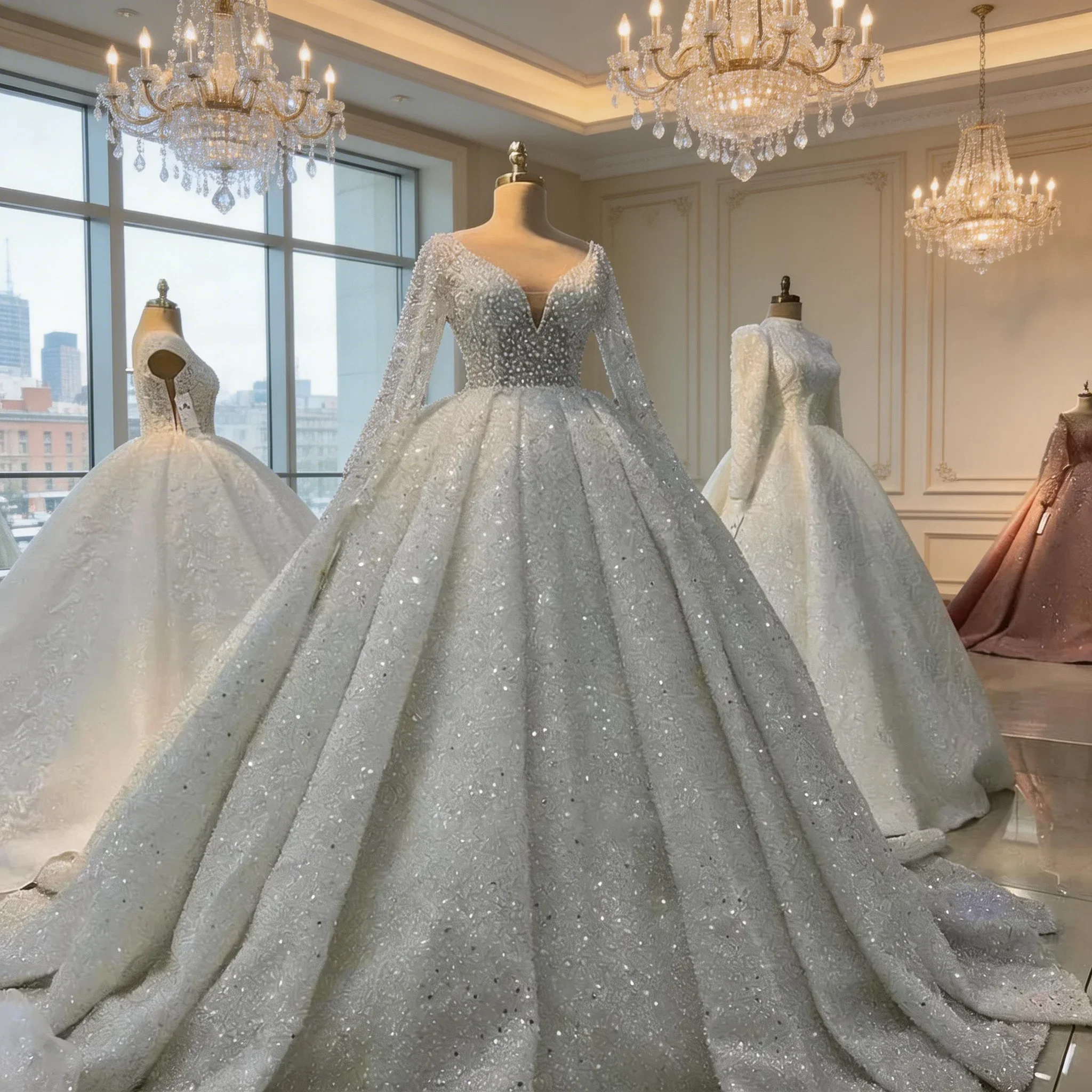 

Luxury Arabic Wedding Dresse Ball Gown V Neck Pearls Beaded Illusion Long Sleeves Custom Bride Gown for Women's Vestido De Noiva