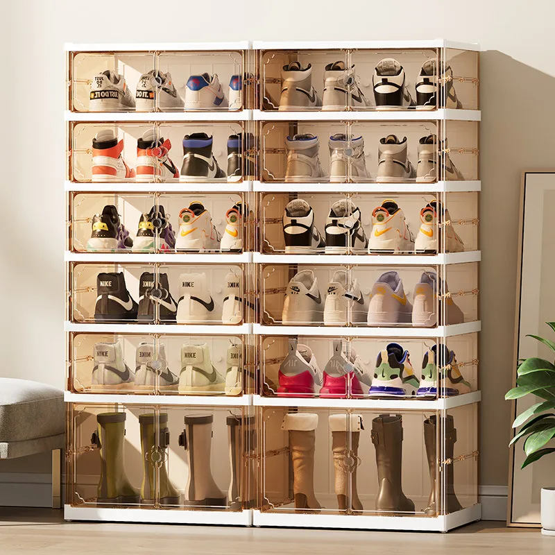 

Folding shoe box double row plastic shoe cabinet transparent long boots storage box creative shoe rack