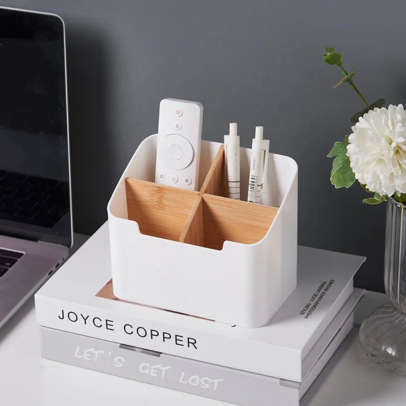 Multi functional compartment  1/2PCS bamboo and wood desktop storage box, Cosmetics and stationery remote control storage box image 4