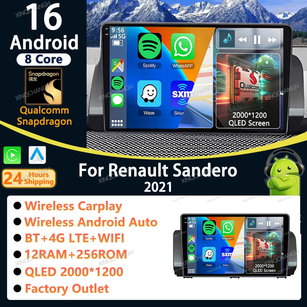 Autoradio Android 16 Carplay Auto pour Renault Sandero 2021, unité principale GPS 4G WIFI, lecteur multimédia vidéo, navigation Qualcomm, BT