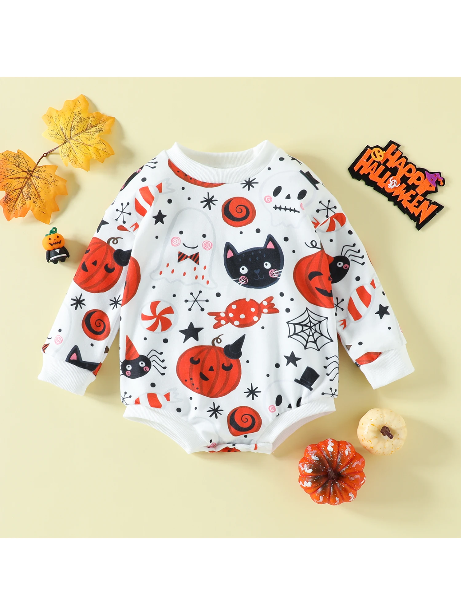 Toddler Halloween Costume  Baby Boys Girls Pumpkin Ghost Spider Print Romper Infant Long Sleeve Jumpsuit with Round Neck