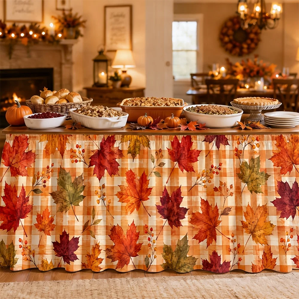 Table skirt / tableskirt autumn leaf plaid harvest thanksgiving fall foliage seasonal outdoor gathering