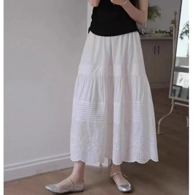 

2025 Spring Women New Skirts Vintage Elastic Elegant White Pleated Skirts Lace High Waist