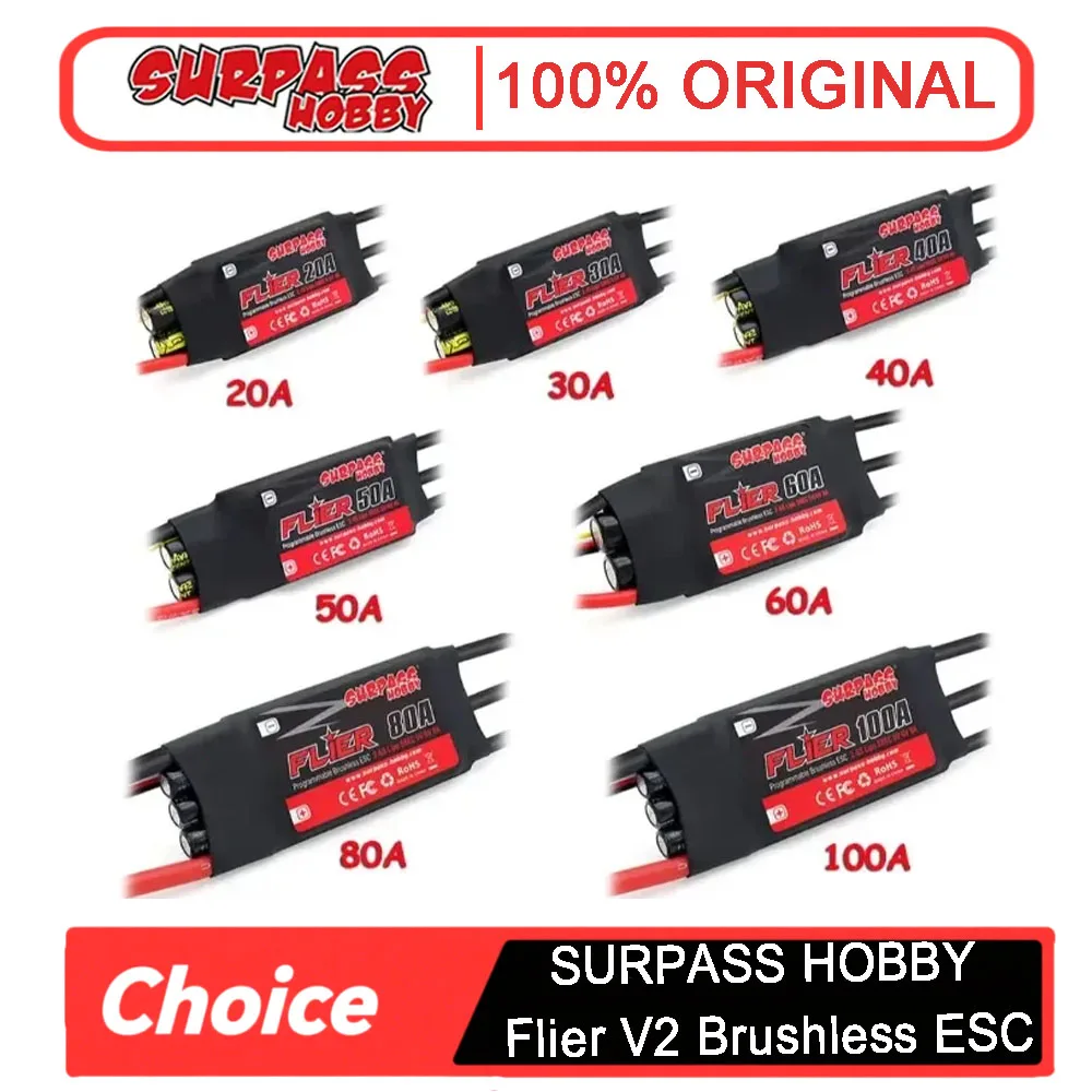 

Surpass Hobby Flier V2 Brushless ESC - 32-bit SpeedController with BEC, 20A-100A, 2-6S for RC Airplane & Helicopter