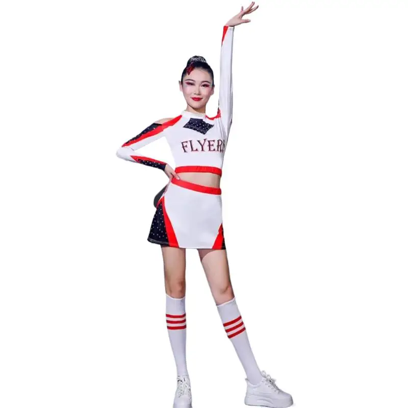 New White Off Shoulder Long Sleeve Campus Cheerleading Female Aerobics Dress Performance Dress Aerobics Clothing