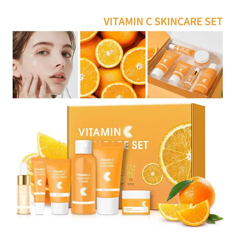 6 stks/set Vitamine C Gezichtsverzorging Set Hydraterende Serum VC Essencee Toner VC Gezichtscrème Gezichtsreiniger Vervagen Donkere Kringen Oogcrème