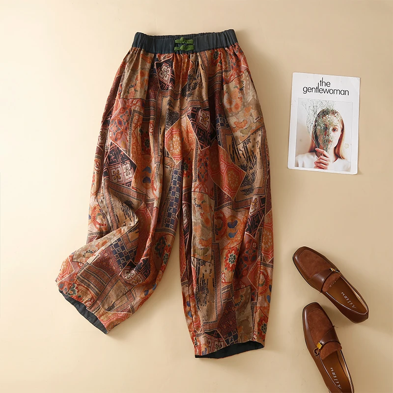 Retro Print Linen Lantern Harlan Pants Women Artistic Button Thin Seven-Quarter Pants Asymmetric Commute Style High Waist