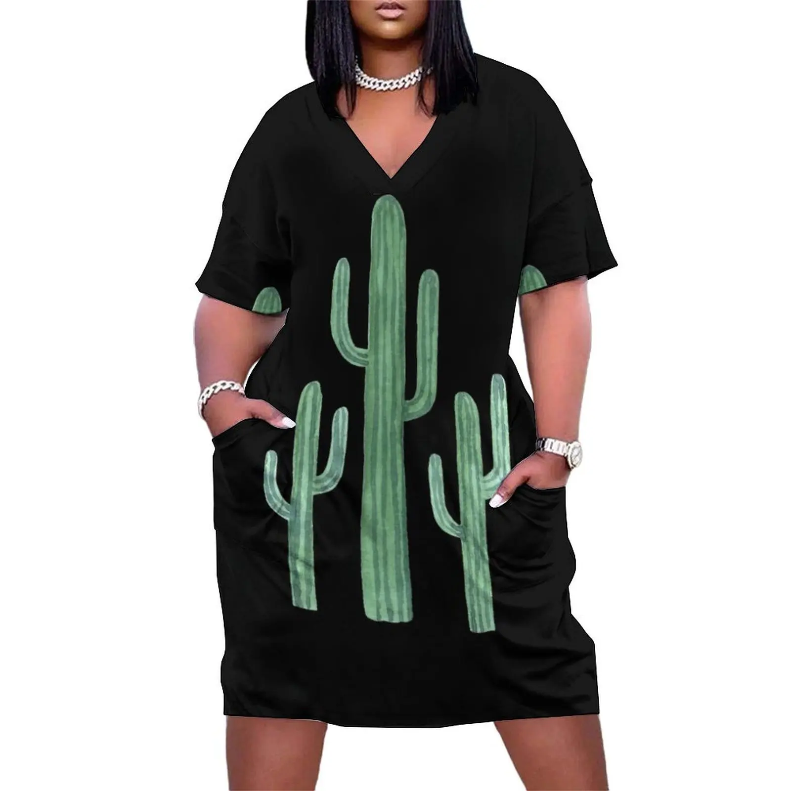 

Three Beautiful Green Cacti Succulent on Black Design Loose Pocket Dress dress women elegant luxury prom dresses 2024