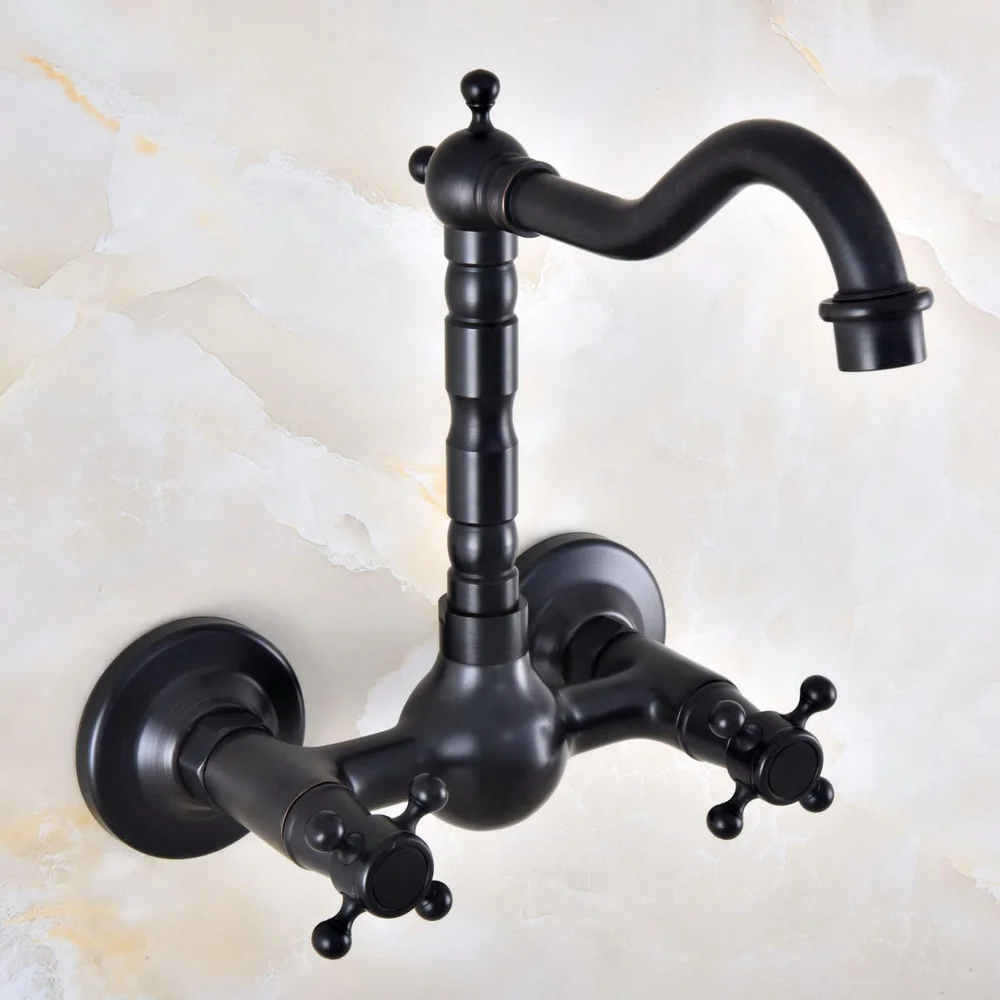 

Black Oil Rubbed Bronze Wall Mounted Bathroom Kitchen Sink Faucet Swivel Spout Mixer Tap Dual Cross Handles anf854