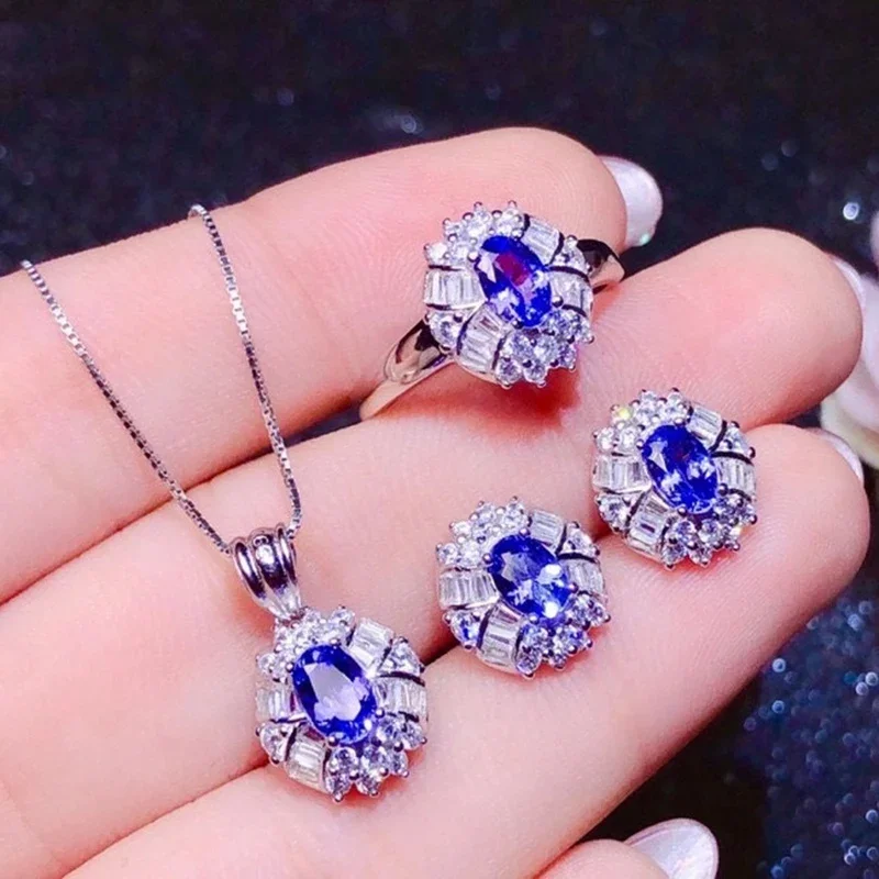 

Ювелирные изделия CoLife, комплект ювелирных изделий из натурального танзанита для свадьбы, 4 мм * 6 мм, кольцо с танзанитом, серьги, кулон, серебро 925 пробы, ювелирные изделия с танзанитом