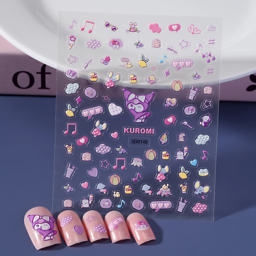 1PCS Kuromi 5D Nail Stickers Press on Nails Sanrio Anime Kuromi Melody Cartoon Stickers for Nails Self Adhesive Manicure Sliders