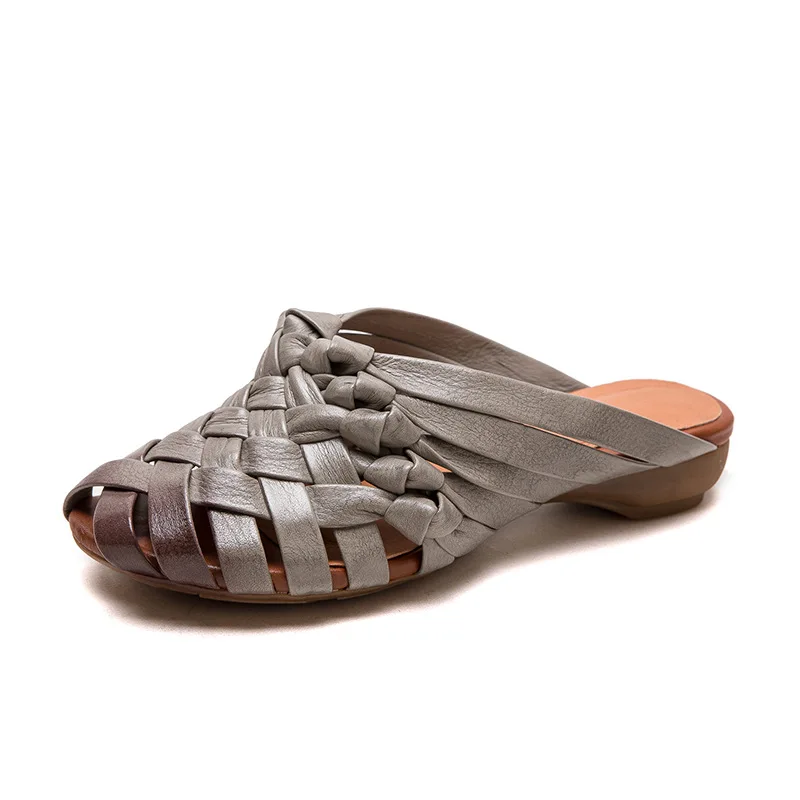 

3cm Cow Weave Genuine Leather Ethnic Flats Summer Shoes Shallow Luxury Women Ladies Hollow Slippers Sandals