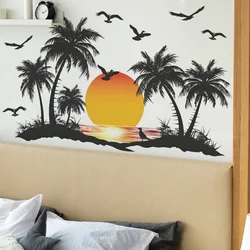 Sunset Coconut Tree Seagull Wall Sticker For Living Room Sofa Background Decoration Mural Bedroom Home Decor Removable Wallpaper