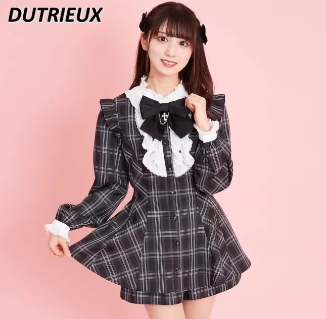 

Lolita Mine Slim-Fit Bow Lace Kawaii Girls Shirt Long Sleeve Sweet Dress + Shorts Two-Piece Set Women Rojita Culottes Outfits