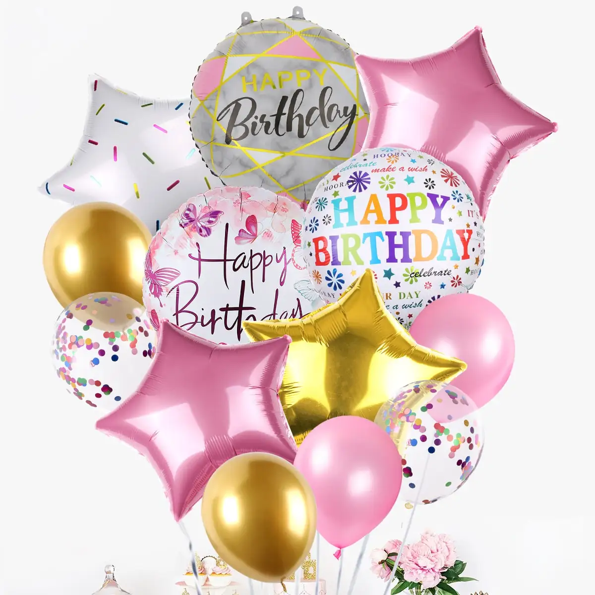 13pcs/1set Happy Birthday Balloons Pink Foil Balloons Set Kids Birthday Baby Shower Birthday Party Decorations