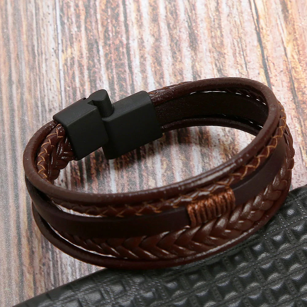 New Matte Magnet Buckle Bracelet Creative Multilayer Men Cowhide Bracelet Braided Leather Bracelet BR1143