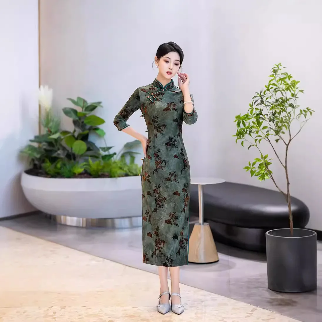 Yourqipao 2024 New Style Chinese Traditional Jacquard Composite Cheongsam Long Slim Qipao Evening Dress