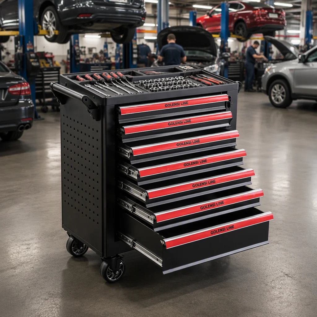 7 Drawer Iron Rolling Tool Cabinet Keyed Lock 450kg Load Capacity Tray Push Handle Wheels Tool Boxes Workshop Trolley
