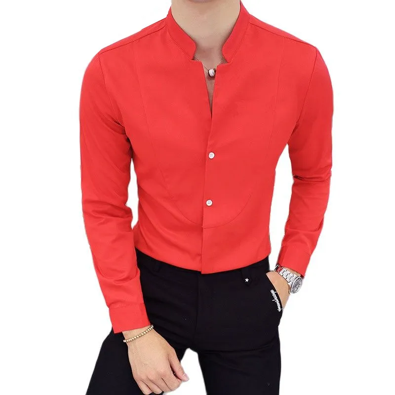 New Men Business Standing Collar Long Sleeved Shirt Black White Male Wedding Party Dress Top Slim Fit Patchwork Clothing Homme