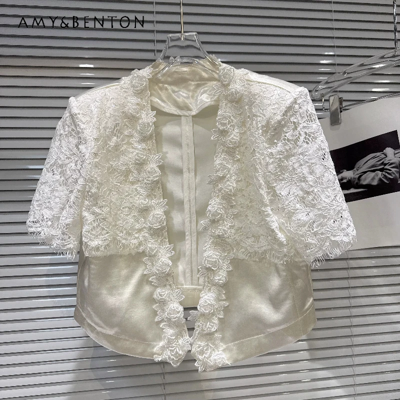 

Women's Clothing 2026 Summer French Solid Color Lace Splicing Flower Edge Satin V-neck Versatile Short-sleeved Jackets Ladies