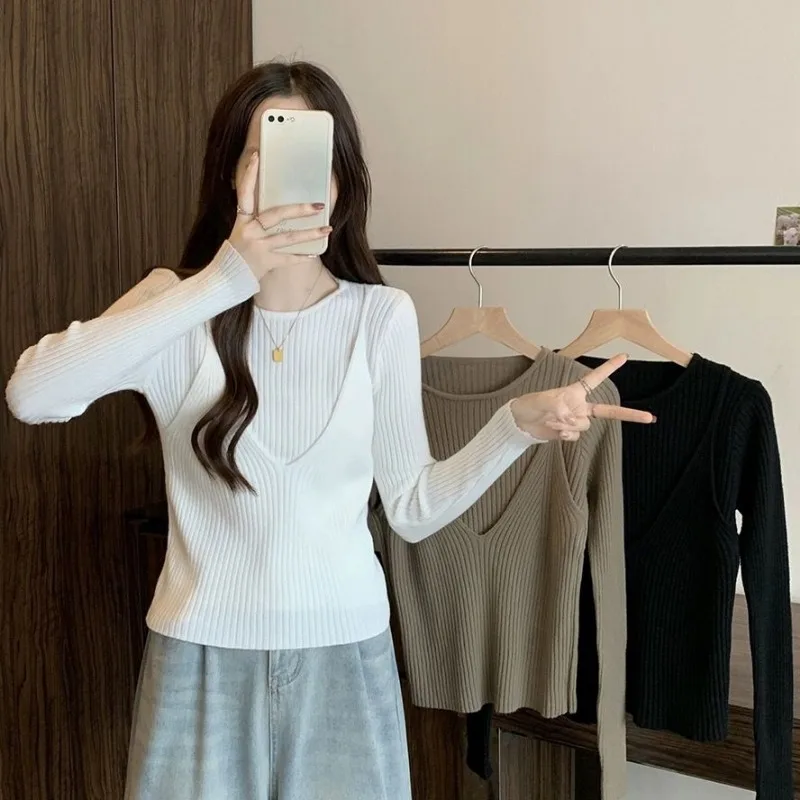 

Women Clothes Spring Autumn Fashion Casual Screw Thread Solid Color O-neck Knitting Pullovers Ladies All-match Fake Two Pieces