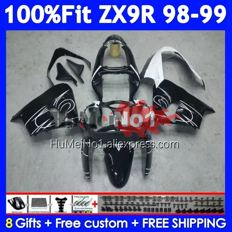 OEM Body For KAWASAKI NINJA ZX 9R 900 CC 9 ZX9 R 213No.12 ZX900 900CC Black White ZX-9R ZX9R 98 99 1998 1999 Injection Fairing