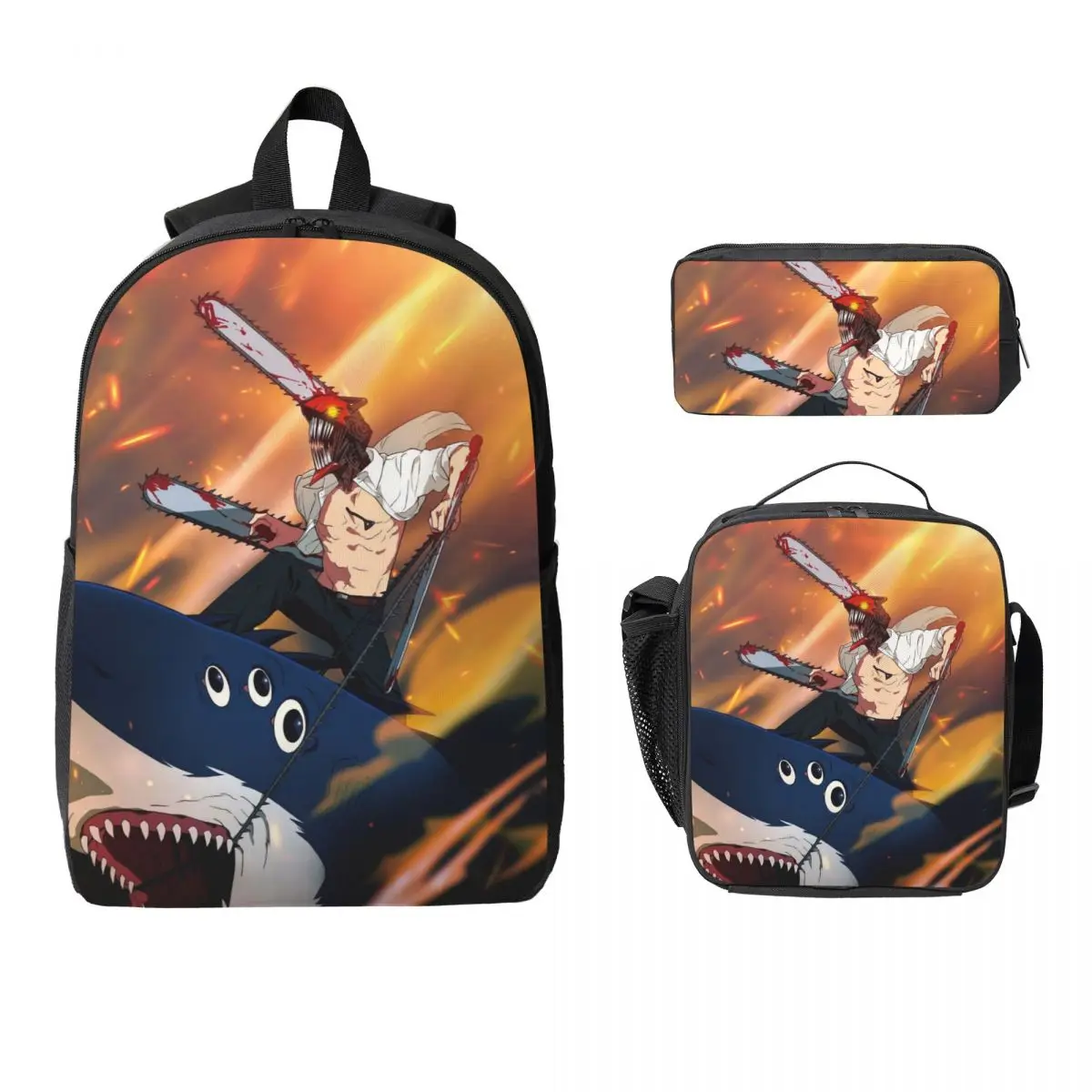 Shark And Denji Chainsaw Man Anime Backpack BookBag School Bag Laptop Shoulder Bags 3ps Insulated Lunch Bag Pencil Case