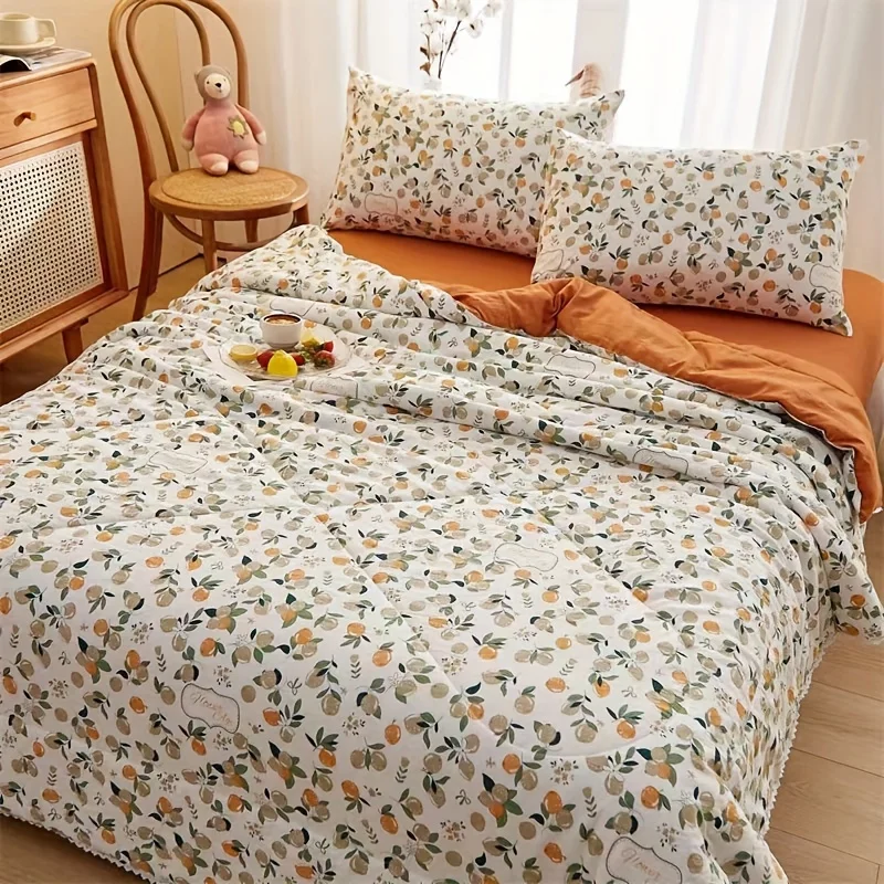 1PC Small Orange Fruit Print Summer Quilt White Background Lace Embellished Soft Skin-Friendly Cool Air Conditioning Quilt for H