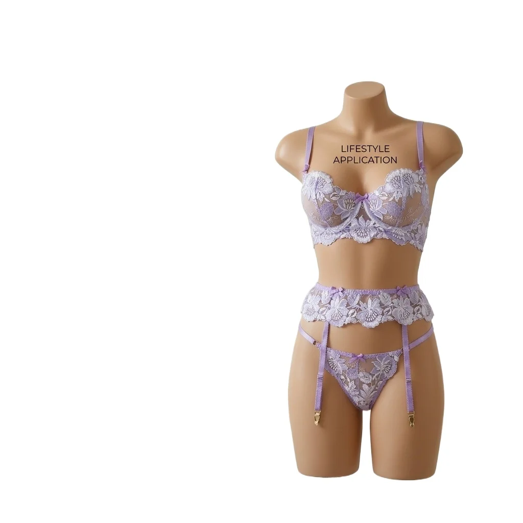 Women's 3 Piece Lace Lingerie Set , Rose Floral Embroidered Underwire Bra and Sheer Mesh Panty, Romantic Intimate Apparel