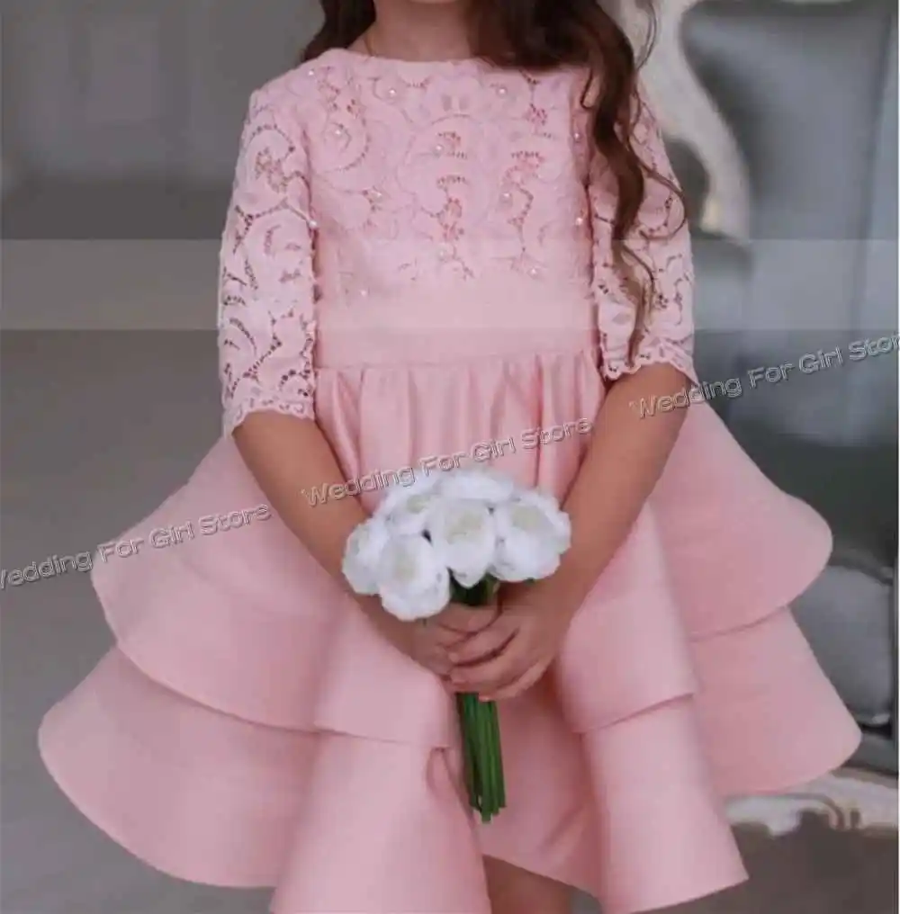 Peach Lace Satin Girl's Dresses Pearl Embellished Tiered Flower Girl Dress Half Sleeve Kids Clothes Princess Birthday Girls Gown