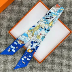 POBING Wheel Print 18m/m Twill Silk Scarves Women Luxury Brand Scarf Bag Ribbons Tie Head Scarf Small Long Skinny Scarf 86*5CM