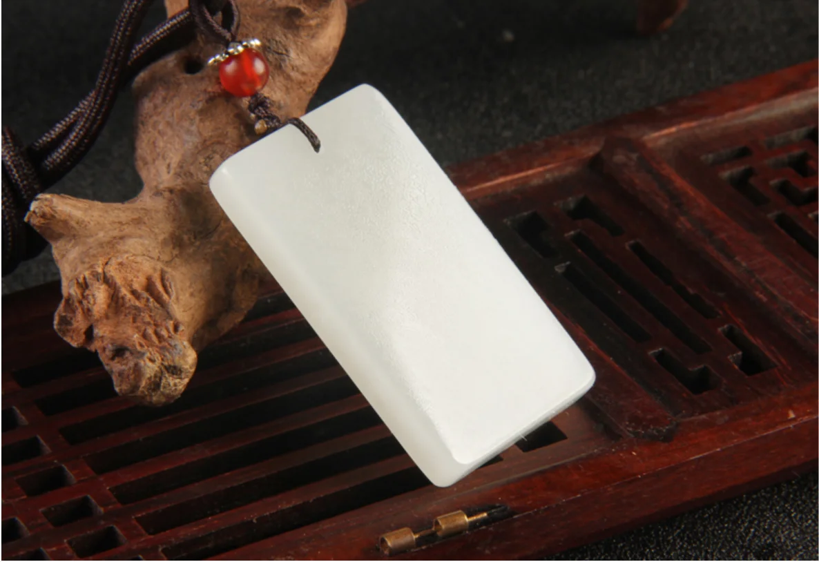 

100% Real Hetian White Jade Pendant Handcarved Square Necklaces Taoist Supplies Exquisite Jewelry Accessories Unisex 1Pc