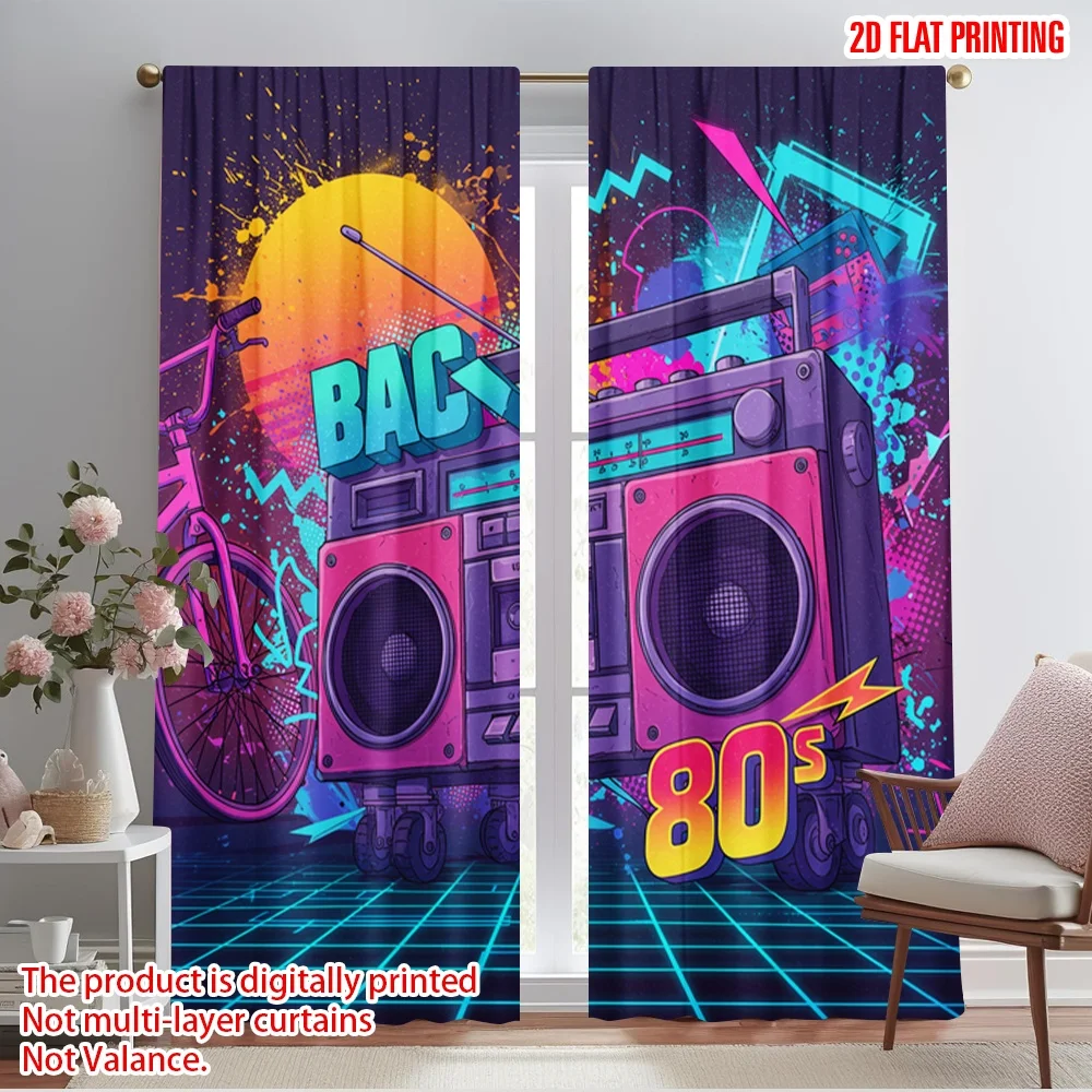 

2pcs 2D flat printing Party Window Curtains Retro Boombox Synthwave Vibes Polyester Without Electricity Family Party for Outdoor