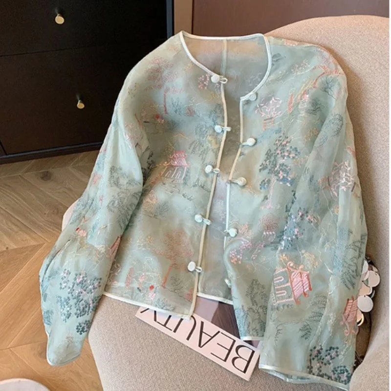 Chinese Embroidery Coat Women Summer New Qipao Tops Y2K Chic Loose Elegant Long Sleeves Sunscreen Cardigan Thin Tang Outerwear