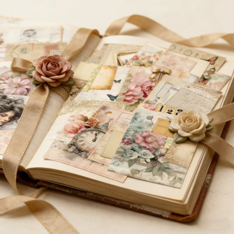 Vintage Lady Clock Floral Script Pattern Paper Pack Scrapbook Paper Junk Journal Card Making Craft Embellishment Supplies