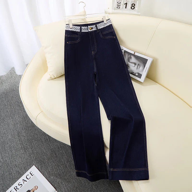 سراويل واسعة الساق باللون الأزرق الداكن مكونة من تسع نقاط للنساء، جينز خريفي متعدد الاستخدامات عالي الخصر عصري مستقيم الساق، سراويل كاجوال صغيرة #1