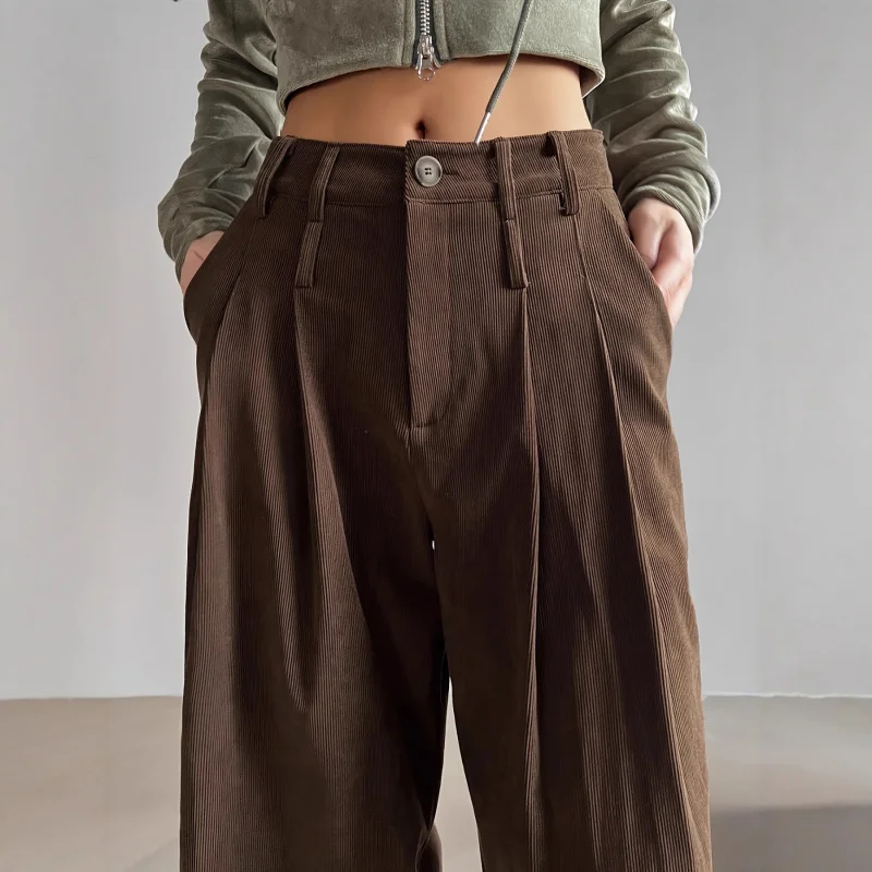 Vintage Brown Corduroy Wide-Leg Pants for Women, High-Waisted Pleated Trousers with Slimming Effect for Autumn