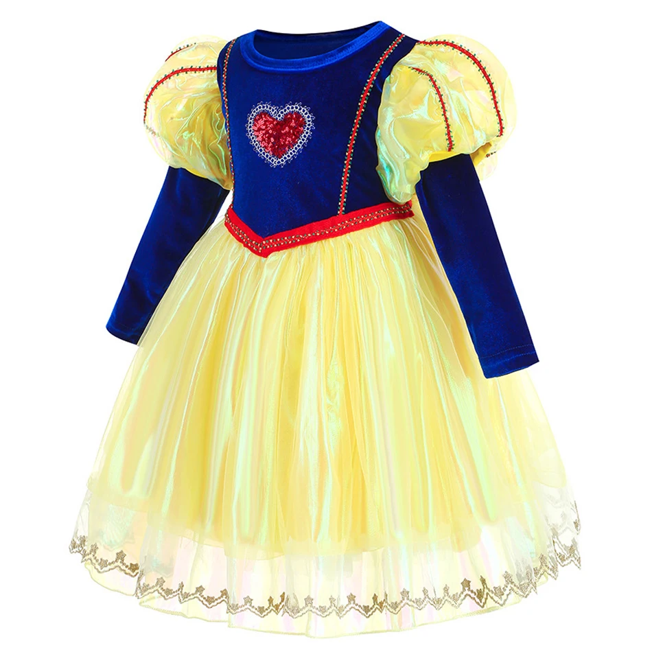 Snow White Dress Princess Cosplay Costume Cute Heart Applique Long Sleeve Tulle Frock Luxury Velvet Birthday Gown Clothes