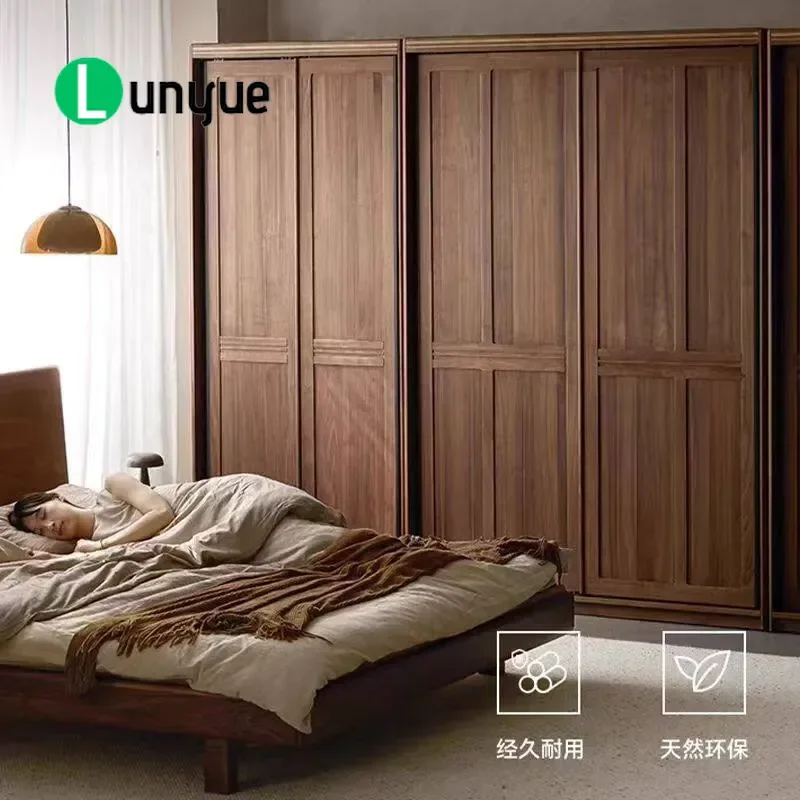 North American Black Walnut Solid Wood Sliding Door Wardrobe Large Bedroom Storage Cabinet Skeleton Line Design Hanging
