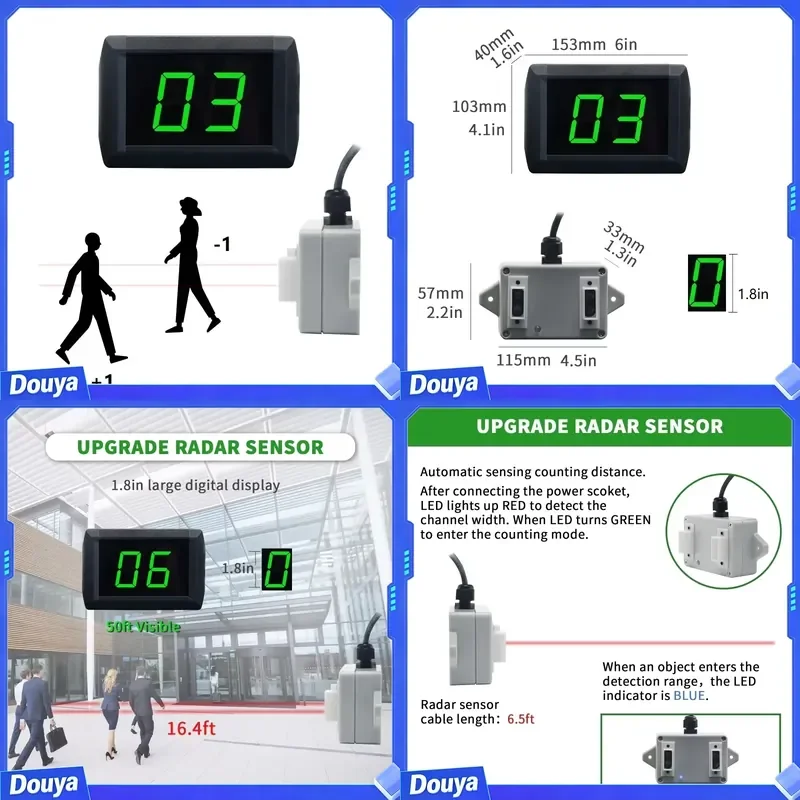 YIZHI Radar Sensor Automatic Customer Flow Counting Bidirectional People Digital Counter for Supermarket Restaurant School