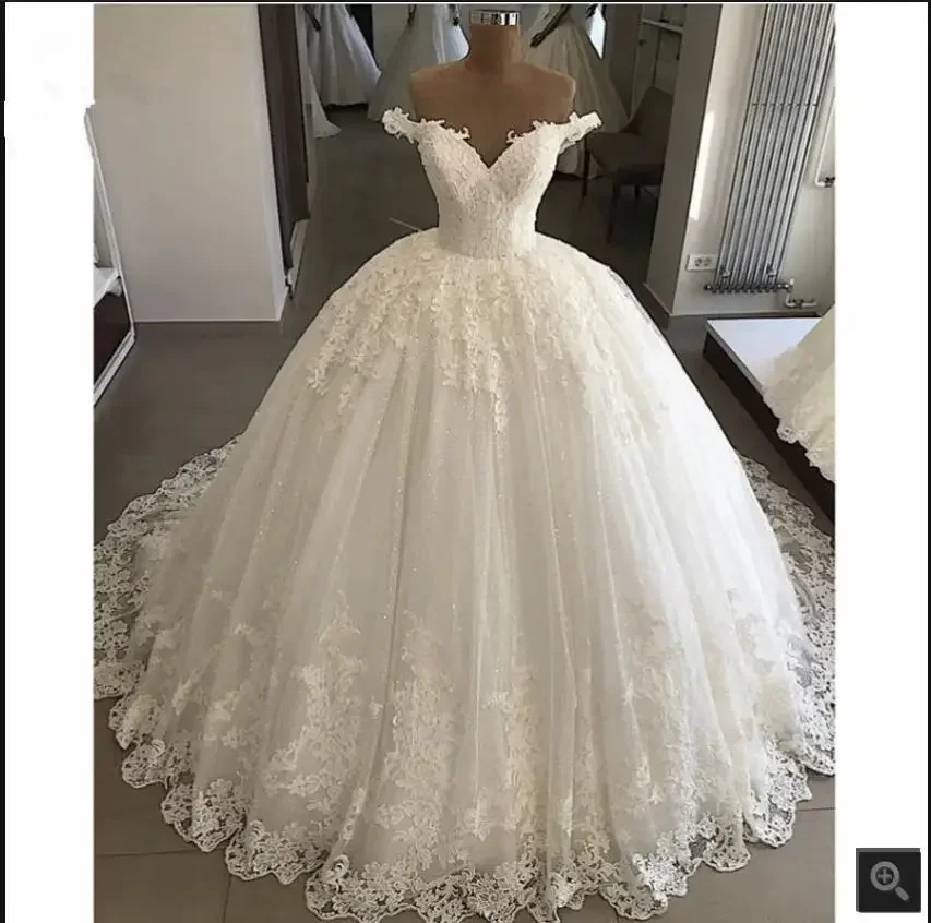 Vestido De boda personalizado, foto Real, vestidos De novia, vestido De baile con hombros descubiertos, cuello en V, vestido De novia princesa, Apliques De encaje con cuentas